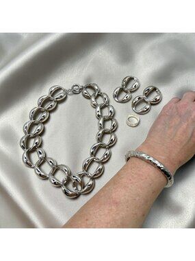 Chunky Silver-Tone Chain Jewelry Set With Necklace Bracelet Earrings Ring Sz 9